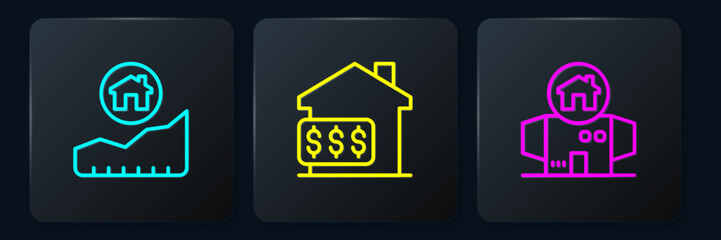 Set line Rising cost of housing, Homeless cardboard house and House with dollar. Black square button. Vector