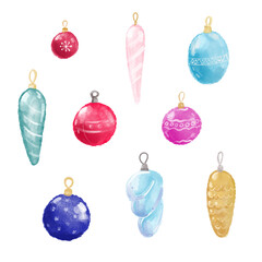 Cute hand drown set of Christmas tree toys. New year illustration. Merry Christmas illustration 