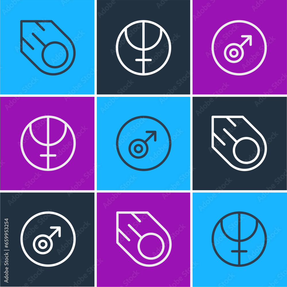 Poster set line comet, mars symbol and neptune planet icon. vector