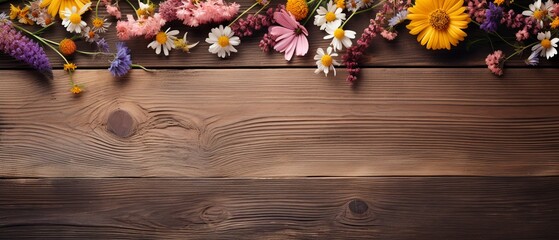 A delicate spread of wildflowers graces a rustic wooden table in this flat lay. Rich textures of wood and gentle blooms create a charming backdrop with generous empty space for your personalized touch