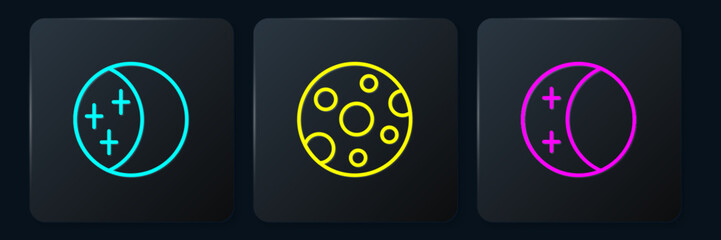 Set line Eclipse of the sun, and Full moon. Black square button. Vector