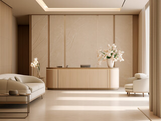 A serene beige reception with tasteful furniture. AI Generation.