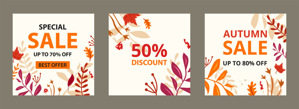 Abstract Floral Sale Banners. Trendy Square for Social Media Posts, Banners Design. Set Vector Autumn Backgrounds.