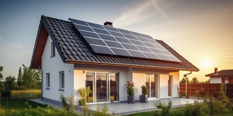 AI Generated. AI Generative. Alternative power electricity rooftop house solar panel. Modern architecture building. Eco sun energy system