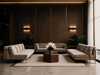 A warm and inviting reception with trendy interior. AI Generation.