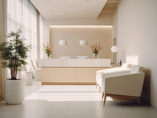 A minimalist white reception with modern furniture. AI Generation.