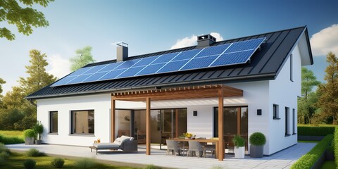 AI Generated. AI Generative. Alternative power electricity rooftop house solar panel. Modern architecture building. Graphic Art