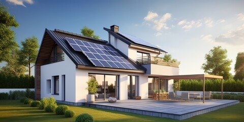 Fototapeta na wymiar AI Generated. AI Generative. Alternative power electricity rooftop house solar panel. Modern architecture building. Graphic Art
