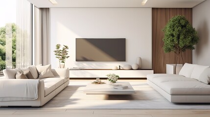 White sofa and tv unit in spacious room. Luxury home interior design