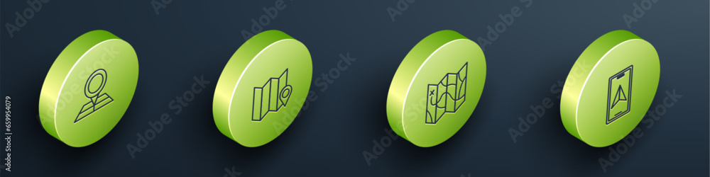 Poster set isometric line folded map with location marker, and city navigation icon. vector