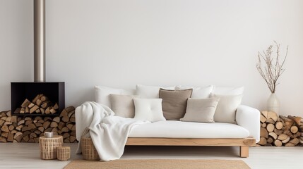 White sofa with blanket and wooden coffee table against fireplace with firewood stack. Minimalist scandinavian home