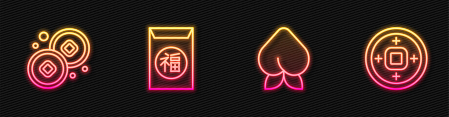 Set line Peach fruit or nectarine, Chinese Yuan currency, New Year and . Glowing neon icon. Vector