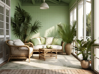 A tranquil green veranda with cozy furniture. AI Generation.