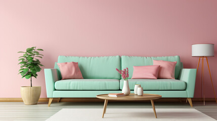 Fototapeta na wymiar Pink sofa in modern living room
