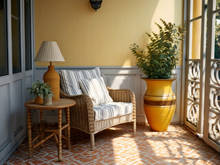 A charming Provence veranda with elegant furniture. AI Generation.