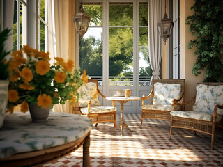Provence veranda featuring tasteful interior decor. AI Generation.