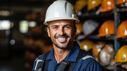Smiling building engineer or construction worker in hard hat against the background of warehouse racks. Professional employee with confident look. Safety rules in construction and industry.