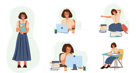 Set Student Girl Character in Different Situations Learning, Prepare for Exam, Work on Laptop, Sitting at Desk with Books. Education, Back to School, College Or University. Cartoon Vector Illustration