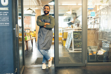 Happy man, portrait and small business owner on door of cafe with arms crossed in confidence or...