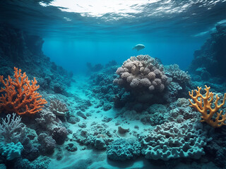 Naklejka na ściany i meble Paisaje submarino del océano con coral y rocas. Vista de frente y de cerca. Copy space. IA Generativa