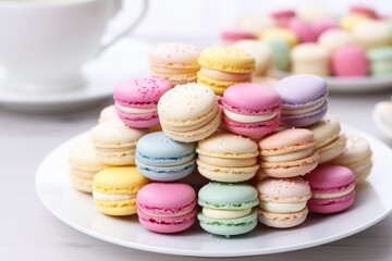 a pile of colorful macarons on a white plate