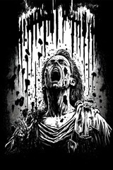 a black and white vector drawing of a screaming zombie graveyard tomb black background tattoo design drips 