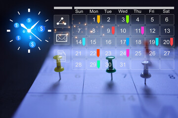 Clock and calendar meeting schedule marking color note target date appointing reminder appointment calendar for organizer agenda time table and event planner organize and schedule activity. - obrazy, fototapety, plakaty