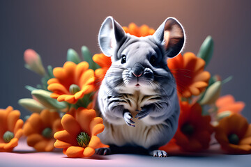 Small and cute chinchilla and flower background
Generative AI