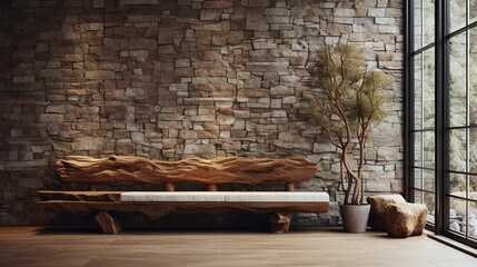 Rustic wooden bench made from tree trunk in spacious hallway. Minimalist home interior design of modern entrance hall