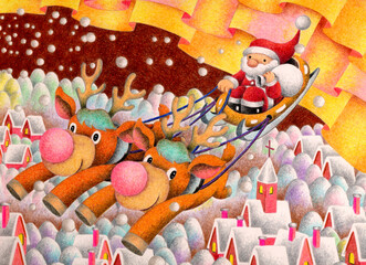 クリスマスのイラスト - 空を駆けるトナカイとサンタ
