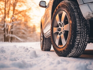 A zoomed-in view of winter tires on a car driving on a snowy road.