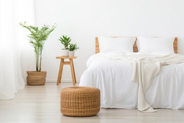 white bedroom with single mattress, wooden stool and plant pot