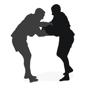Image of silhouettes sambo athletes in sambo wrestling, combat sambo, duel, fight, fistfight, struggle, tussle, brawl, jiu jitsu. Martial art, sportsmanship