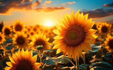 Obraz premium Sunrise over field of blooming sunflowers. Warm colours and blue sky.