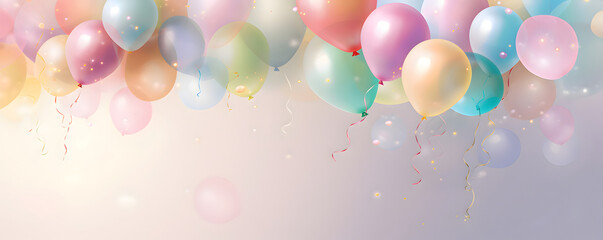Festive rainbow color balloons and confetti background banner celebration theme