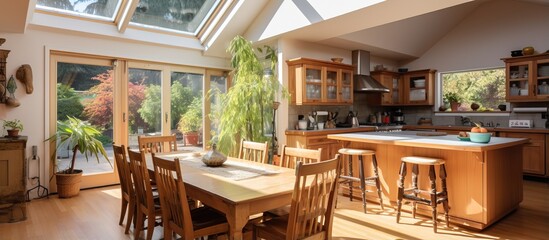 Fototapeta na wymiar Bright kitchen with skylight wooden interior hardwood floor dining room view Northwest USA