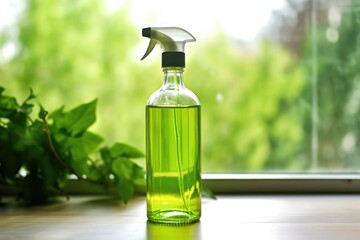 close-up view of an eco-friendly glass cleaner bottle with a window background