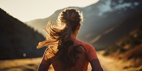 AI Generated. AI Generative. Outdoor nature trail running jogging female woman girl. View from back. Sport active motivation. Graphic Art - obrazy, fototapety, plakaty