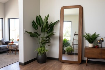 entryway with a large leaning mirror and a pot plant