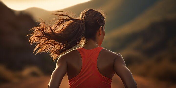 AI Generated. AI Generative. Outdoor nature trail running jogging female woman girl. View from back. Sport active motivation. Graphic Art