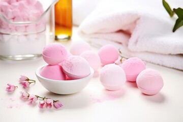 pink bath bombs beside white towels and essential oils