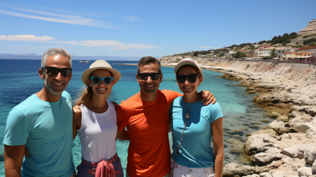 Group photo of young, cheerful, friendly tourists against the backdrop of the picturesque sea coast. Happy men and women in summer clothes, hats and sunglasses look at the camera, smiling cheerfully.