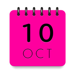10 day of the month. October. Pink calendar daily icon with black letter. Date day week Sunday, Monday, Tuesday, Wednesday, Thursday, Friday, Saturday. Cut paper. White background. Vector illustration