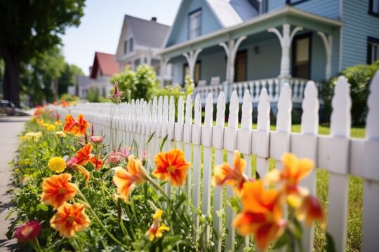 white picket fence with blooming flowers alongside