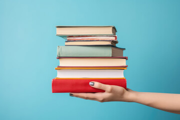 Woman hands holding pile of books over light blue background. Education, library, science, knowledge, studies, book swap, hobby, relax time