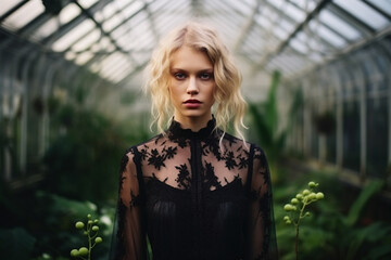 Beauty, fashion and make-up concept. Young beautiful woman with black dress in orangery. Sexy and seductive looking model in old and dark conservatory. Greenery in background. Generative AI