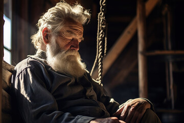 An elderly man in vintage clothes rests on the porch of his own house