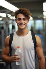 Young sporty man in the gym with a bottle of water