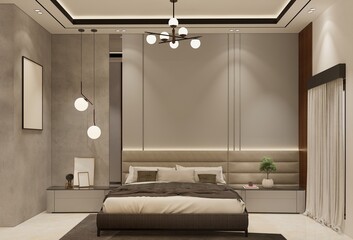 Modern bedroom home interior design. 3D rendering illustration