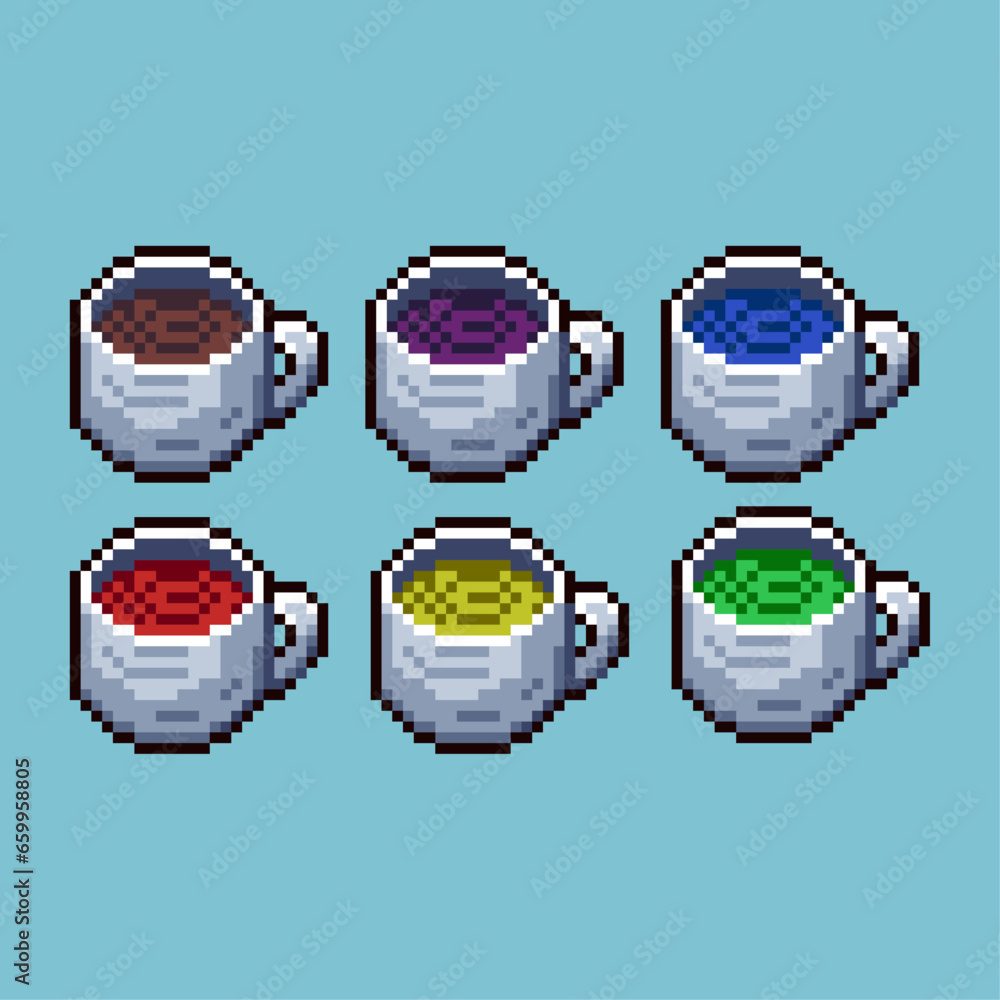 Poster pixel art sets of cup of drink with variation color item asset. simple bits of cup of drink fresh on